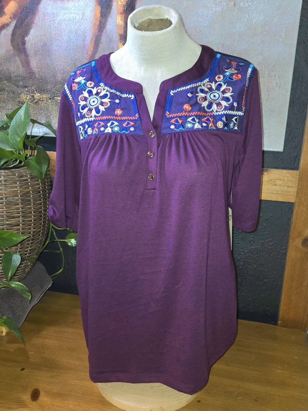 PerSeption Concept Plum Embroidered Split-Neck Tunic